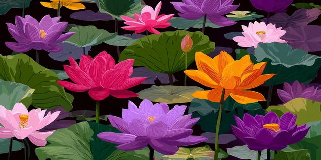 lootuskukkien ja -lehtien kuvio tyynella lammella lataa