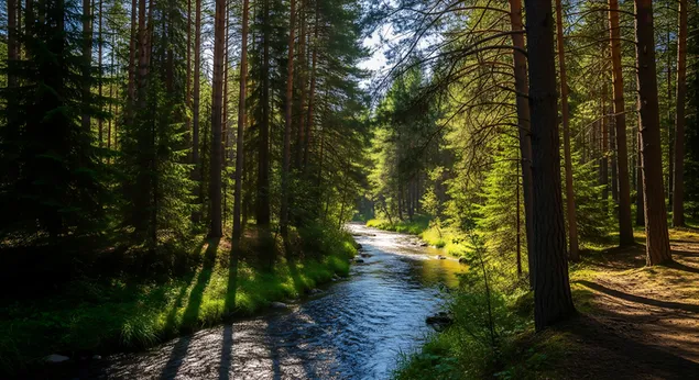 miran sumski prizor sa suncevom svjetloscu koja struji kroz visoke borove i kristalno cistim potokom koji se lagano vijuga kroz bujni, zeleni krajolik preuzmi