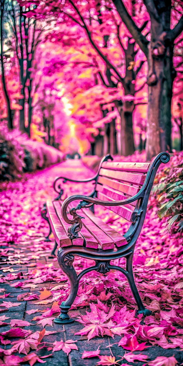 公園長椅周圍環繞著美麗的粉紅色秋葉，一片寧靜的景象 2K 壁紙