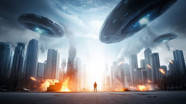 eng persoun, dei an enger zersteierter stad wahrend enger ausserierdescher invasioun steet eroflueden