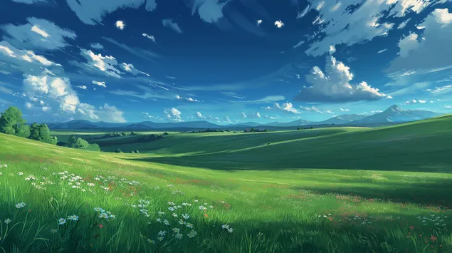 Eng pittoresk Landschaft mat gréngen Hiwwelen a Wisen 2K Tapeten