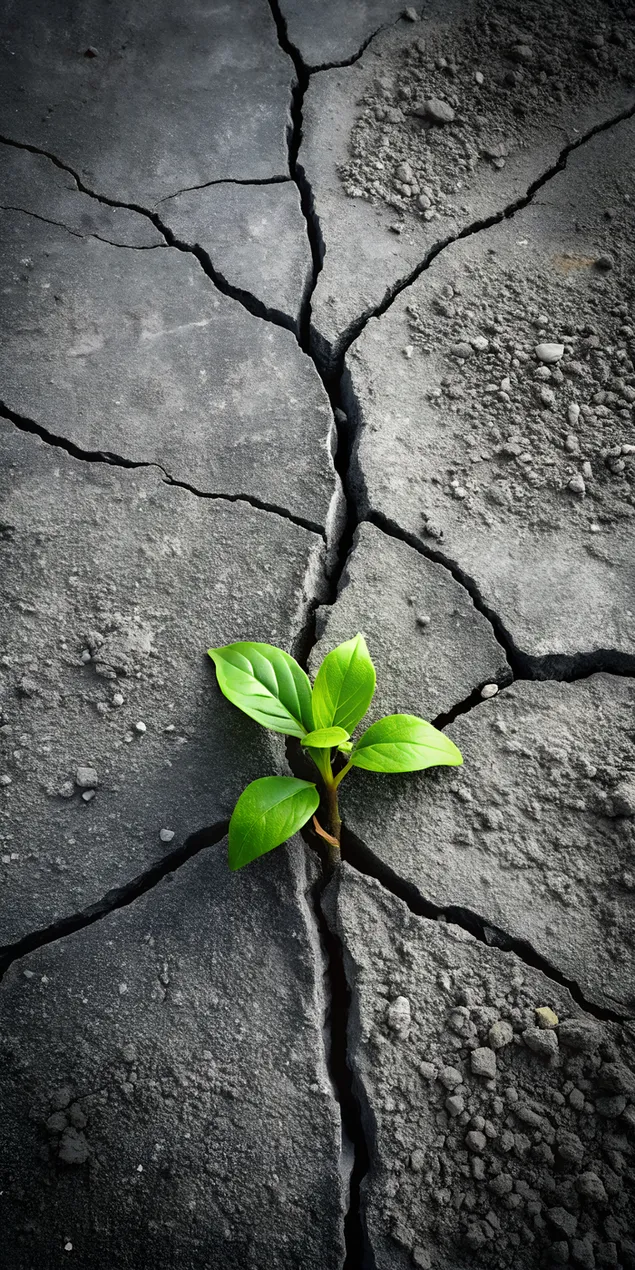 Eng Planz déi duerch gekrackte donkel Äerd wiisst 2K Tapeten