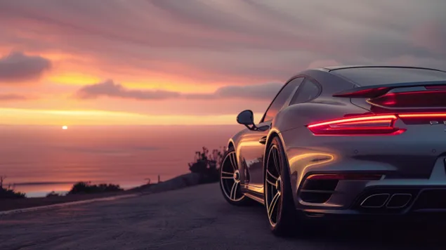 Gün Batımında Sahil Yolunun Arka Planında Porsche 911 Turbo S 8K duvar kağıdı