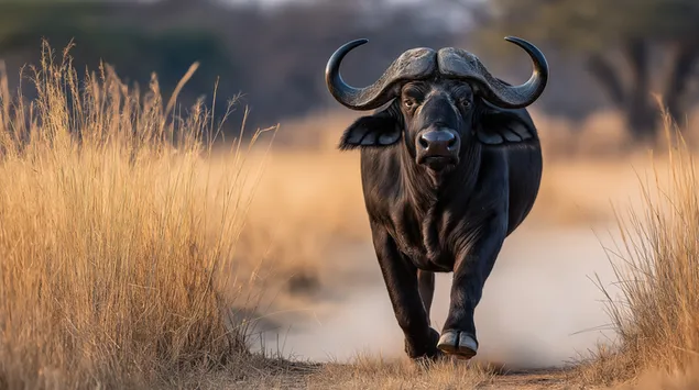 um poderoso bufalo-do-cabo avancando em um caminho empoeirado download