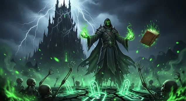 Ein mächtiger dunkler Zauberer manipuliert starke grüne Magie und lässt vor einer ominösen, vom Blitz getroffenen Festung Skelettlegionen auferstehen. 2K Hintergrundbild