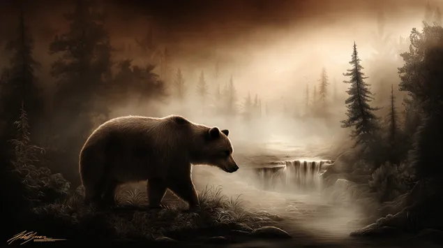 Un poderós ós bru es troba a prop d'un riu i una cascada ennuvolats 2K fons de pantalla