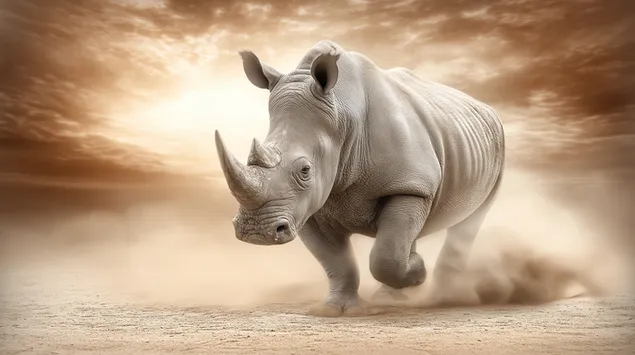Një rinoceront i fuqishëm sulmon përmes një fushe me pluhur, duke ngritur dheun, nën një qiell dramatik e të mjegullt. 2K sfond
