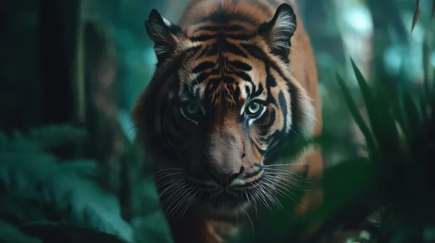 mocan tiger v bujni dzungli z intenzivnim pogledom prenos