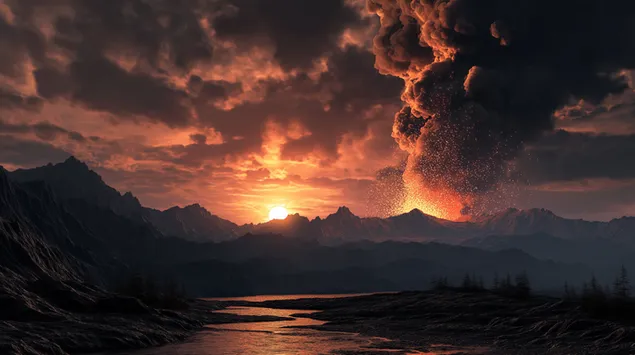 muat turun letusan gunung berapi yang kuat pada waktu matahari terbenam dengan lava bercahaya