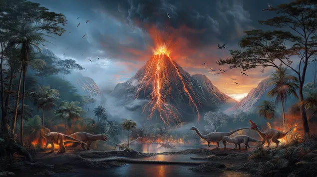 una escena prehistorica con dinosaurios escapando de un volcan. descargar