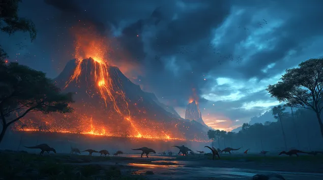 Праисторијска вулканска ерупција са великим биљоједним диносаурусима 2K позадина