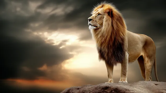 자랑스러운 사자가 극적인 흐린 하늘 아래 바위가 솟아 있는 정상에 서서 자신의 영역을 살펴보고 있습니다. 2K 배경화면