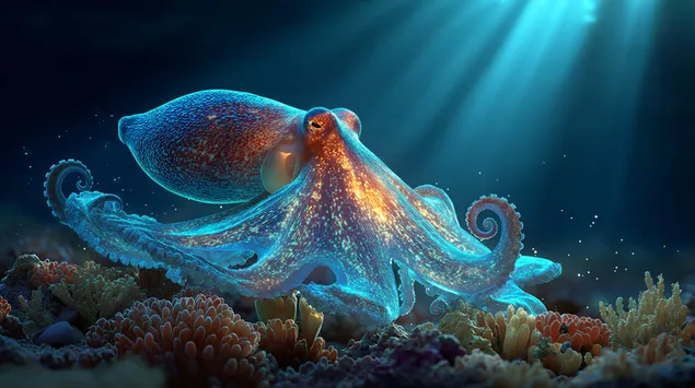 光線を浴びてサンゴ礁に休む輝くタコ 2K 壁紙