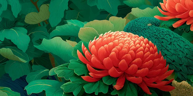 Tapeta Bohaté, ilustratívne zobrazenie žiarivých červených chryzantém 2K