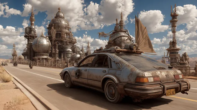 Ein robustes, modifiziertes Auto, das in einer trostlosen Wüstenlandschaft geparkt ist 2K Hintergrundbild