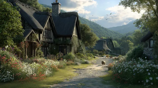 Un village rustique avec des maisons en pierre et des animaux au pâturage 2K fond d'écran