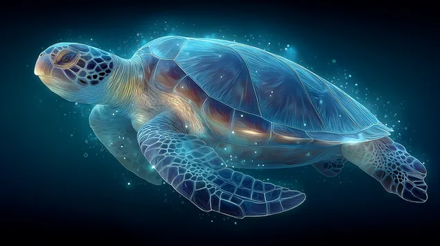 Een zeeschildpad met een bioluminescente gloed zwemt in de oceaan 2K achtergrond