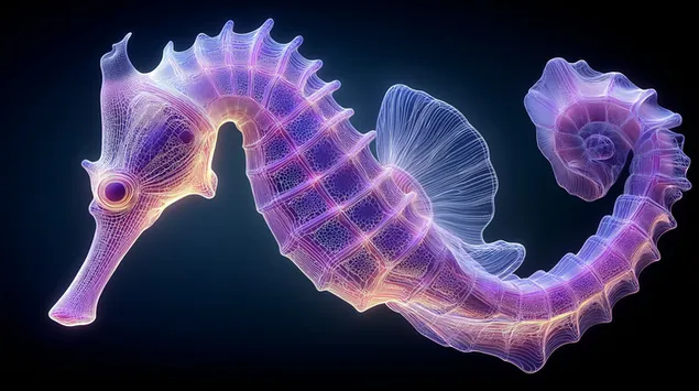 ワイヤーフレームのような半透明の体が光るタツノオトシゴ 2K 壁紙