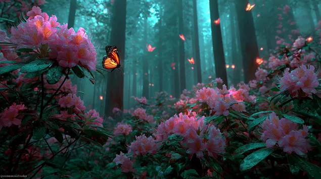 Eine ruhige Waldszene im Morgen- oder Abendgrauen mit einem lebendigen Vordergrund aus verschiedenen Wildblumen 2K Hintergrundbild