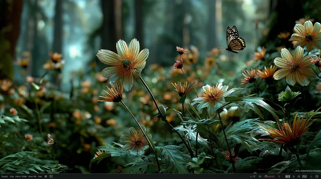 Eine ruhige Waldszene mit einem lebendigen Vordergrund aus verschiedenen blühenden Wildblumen und hohen Bäumen 2K Hintergrundbild