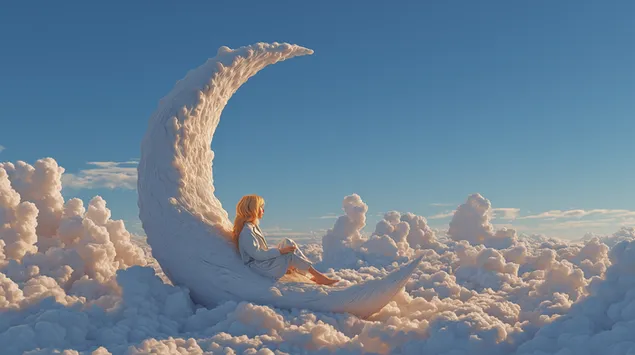 Sarı saçlı sakin bir kız, yumuşak bulutlardan oluşan bir gökyüzüyle çevrili, kabarık bir hilalin üzerinde huzur içinde oturuyor 2K duvar kağıdı