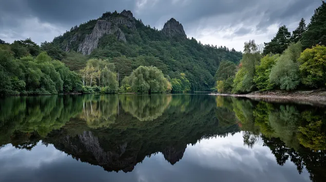 منظر طبيعي هادئ مع بحيرة هادئة تعكس بشكل مثالي الجبال الخضراء والأشجار المورقة 2K خلفية