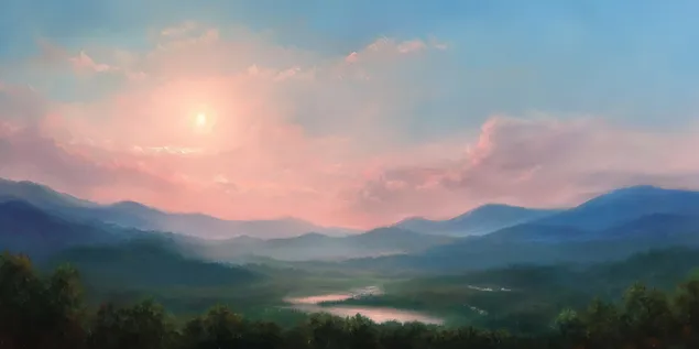 En fridfull soluppgång över dimmiga berg och en lugn flod 2K bakgrund