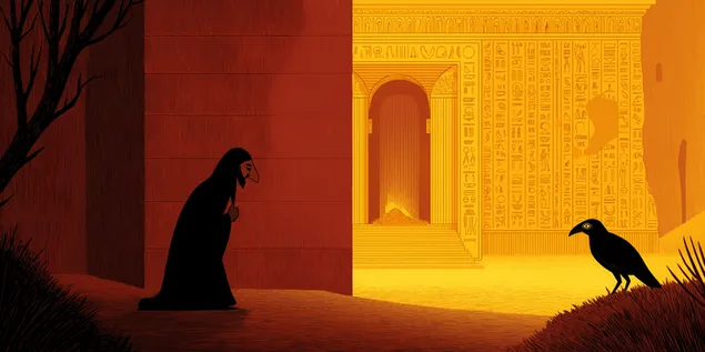 Hiyerogliflerle süslenmiş bir tapınak girişinin yakınında gölgeli bir figür duruyor 2K duvar kağıdı