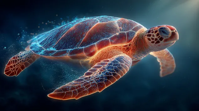 Een glinsterende zeeschildpad die door de diepe oceaan zwemt 2K achtergrond