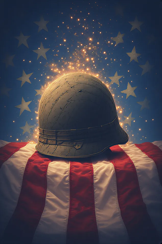 den helm vun engem eenzege soldat a gefaalt hann, dei virun enger fandel liichten, a symboliseieren eier, fridden a steller dankbarkeet eroflueden