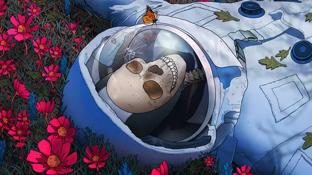 A skeleton astronaut sleeping on a garden desktop anime style best quality download