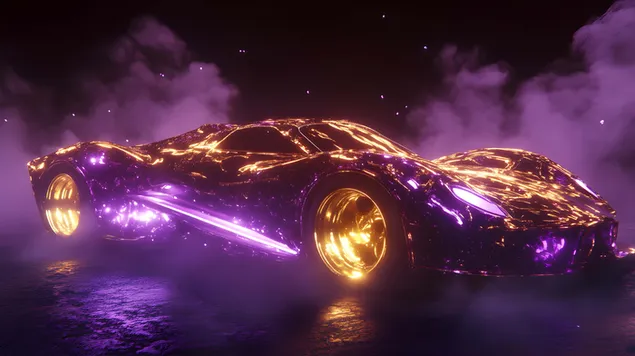 Tapeta Elegantní sportovní vůz uprostřed fialové záře a plamenů 8K