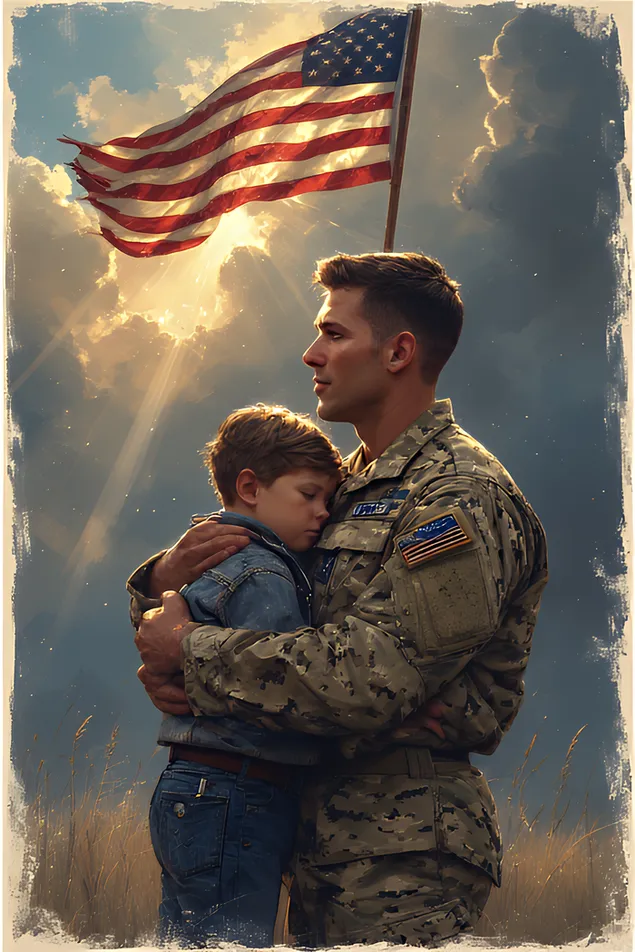 ob''yatiya soldata s sem'ey pod siyayushchim flagom izluchayut lyubov', zhertvennost' i obeshchanie bezopasnogo vozvrashcheniya. skachat'