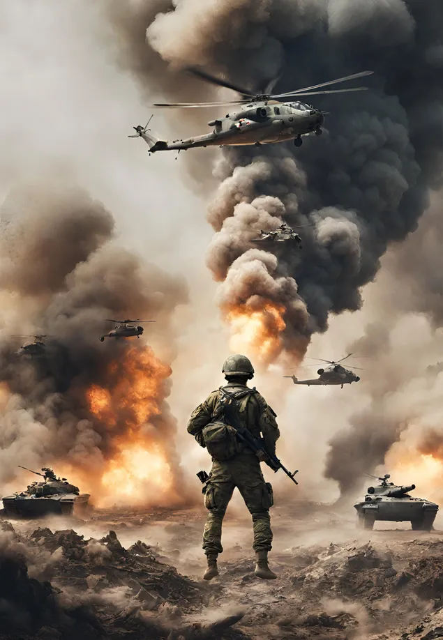 Een soldaat die alleen en vol vertrouwen staat en worstelt op een verwoest slagveld 2K achtergrond