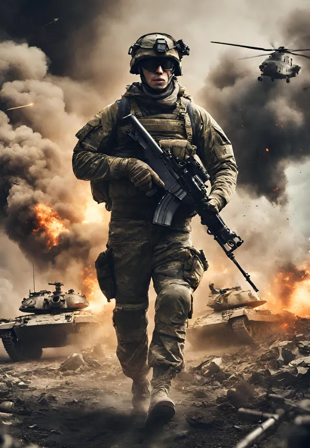 Een soldaat die vecht op een slagveld waar het slagveld is verwoest 2K achtergrond