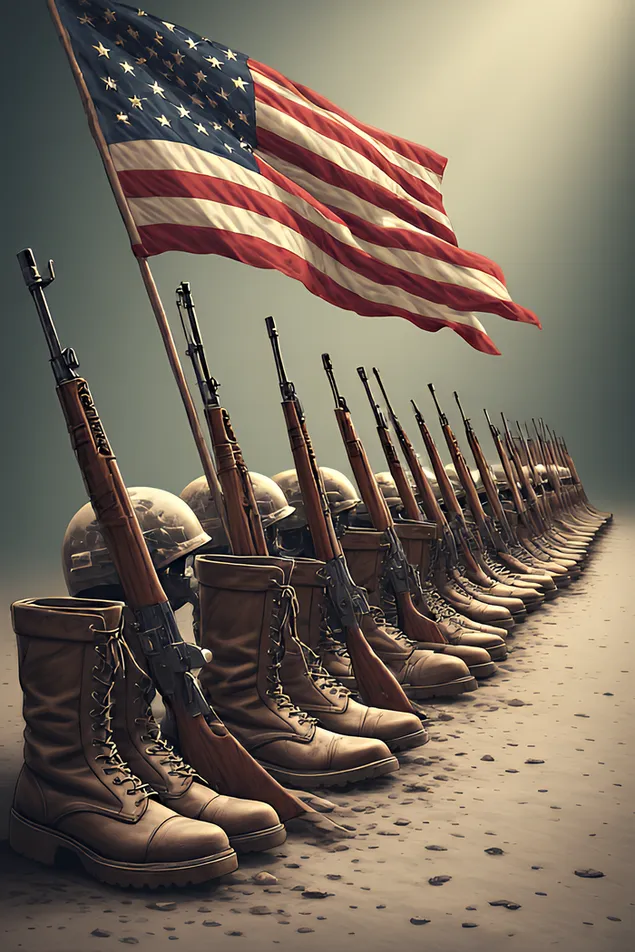 Un rând solemn de cizme și puști sub un steag onorează eroii căzuți al căror curaj și sacrificiu nu vor dispărea niciodată 2K imagine de fundal