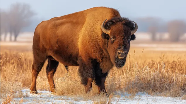 een eenzame bizon staat in een rustig winterveld download