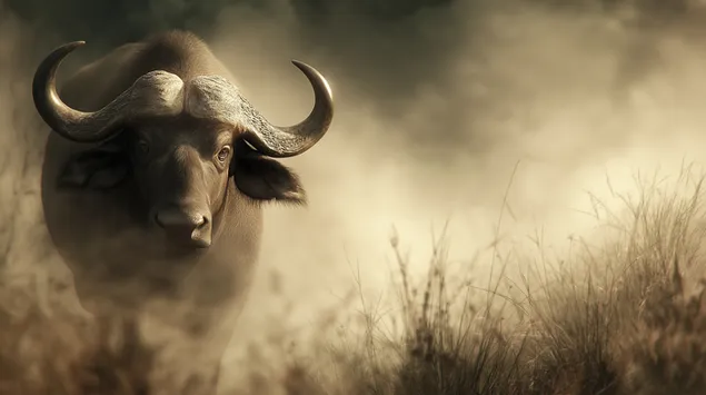 um bufalo solitario emergindo de uma nuvem de poeira nas planicies download