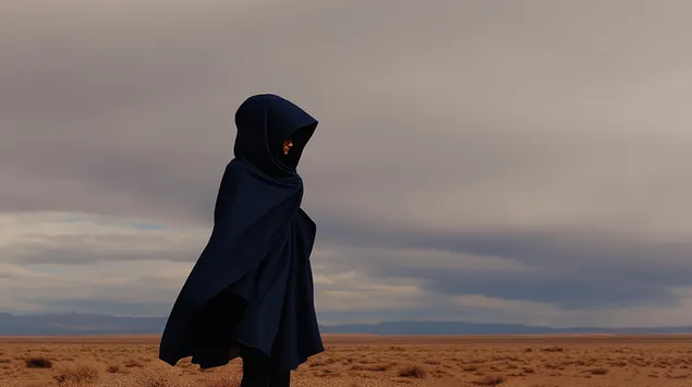 Одинокая фигура в плаще стоит на пустынном, туманном ландшафте под гнетущим серым небом. 2K обои