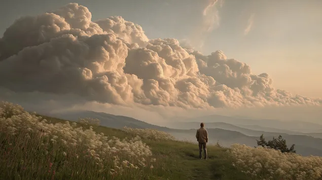 דמות בודדה עומדת על צוק סלע, ​​מביטה בנוף הררי עוצר נשימה 2K טפט