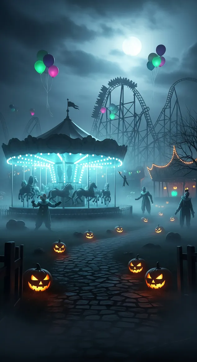 一个幽灵般的万圣节之夜，雾气弥漫的游乐园里，闪闪发光的南瓜灯照亮了通往令人毛骨悚然的旋转木马和黑影的道路。 HD 壁纸