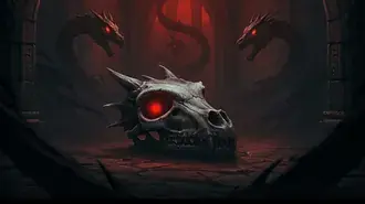 A Stark Reminder of Power: The Dragon's Skull in a Red-Lit Dungeon HD wallpaper