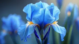 a striking close-up of a blue iris flower in full bloom, with delicate petals, intricate veins, and subtle orange highlights displayed in soft natural