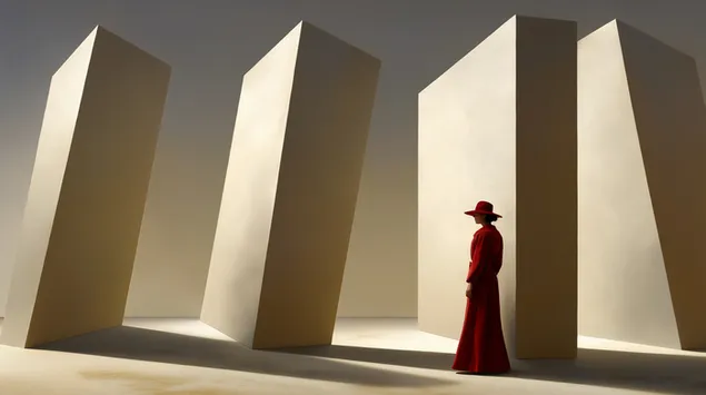 長い赤いドレスと帽子を身に着けた女性が、大きなミニマルな幾何学的ブロックの間に立っている印象的なシーン 2K 壁紙