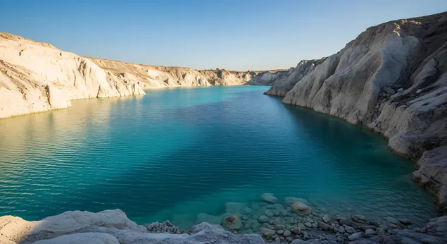 ispudinga turkio spalvos ezera supa dramatiskos balto kalkakmenio uolos, sukurdamos kvapa gniauzianti ir ramu krastovaizdi po skaidriu melynu dangumi. atsisiusti