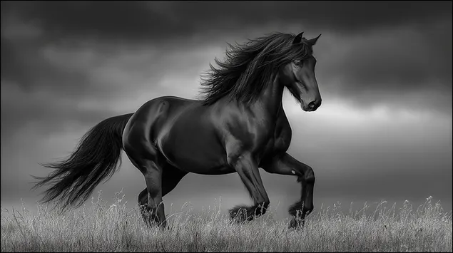 muat turun seekor kuda jantan yang kuat dengan surai yang mengalir berlari melintasi padang