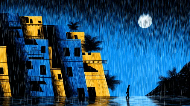 Стилизирана илустрација на градска улица ноќе за време на силен дожд 2K тапет