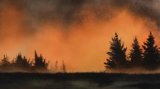 غروب الشمس المصمم مع الأشجار دائمة الخضرة الظلية 2K خلفية