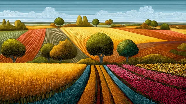 Një Pamje e Stilizuar e Fushave në një Peizazh Rural 2K sfond