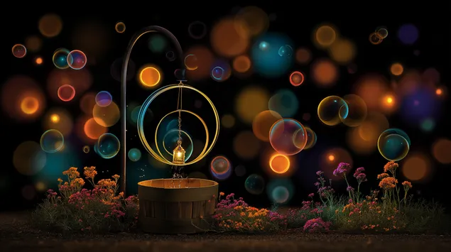 E stiliséierte Wonschbrunn, deen mat enger liichtender Kugel dekoréiert ass 2K Tapeten